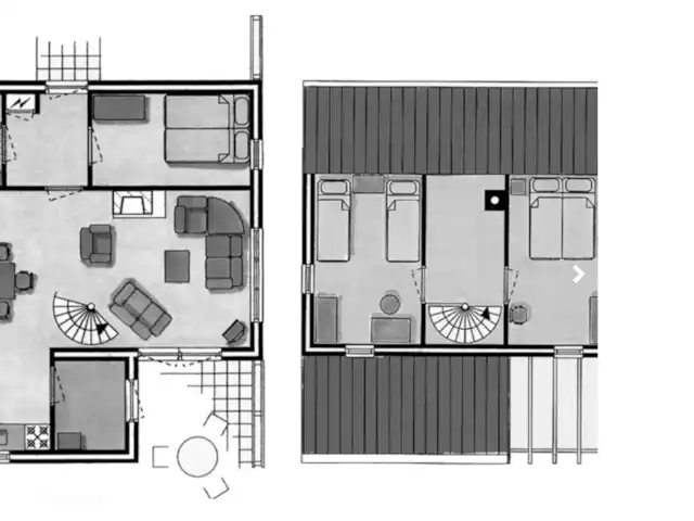 Parque de vacaciones de Krim. 724. en Países Bajos, Texel, De Cocksdorp - casa vacacional Mapa. La habitación del medio en el primer piso es ahora el baño con ventana abuhardillada.