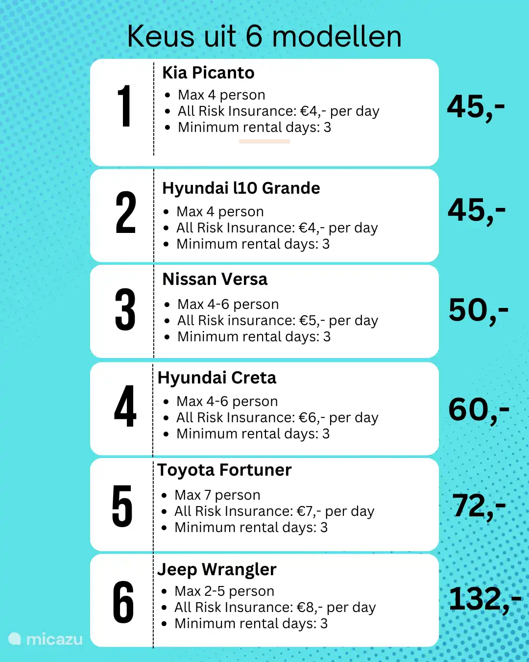 Elección de 6 modelos diferentes.
Para obtener más información, consulte nuestro sitio web.
Casahartono.