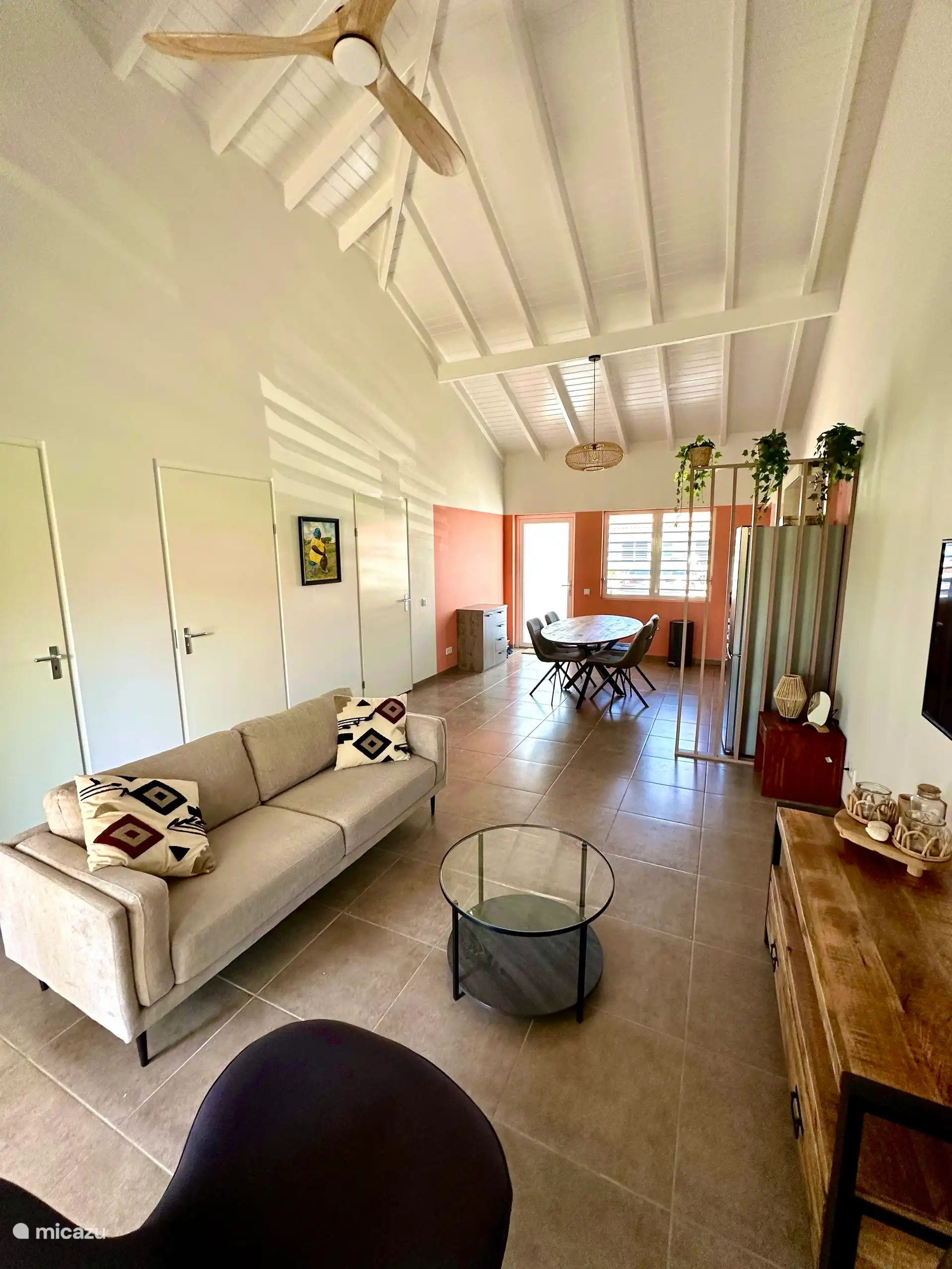 Canapé avec TV et ventilateur.