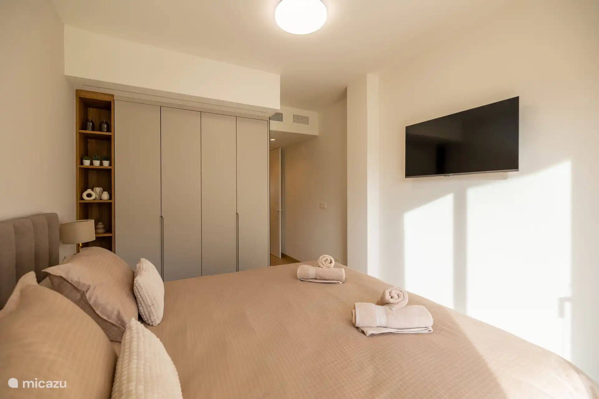 slaapkamer met smart tv en badkamer ensuite