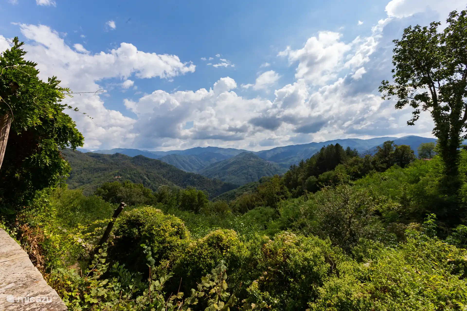 Het prachtige uitzicht op de Apennijnse bergen vanuit onze tuin, ons terras en het gedeelte waar het zwembad is.