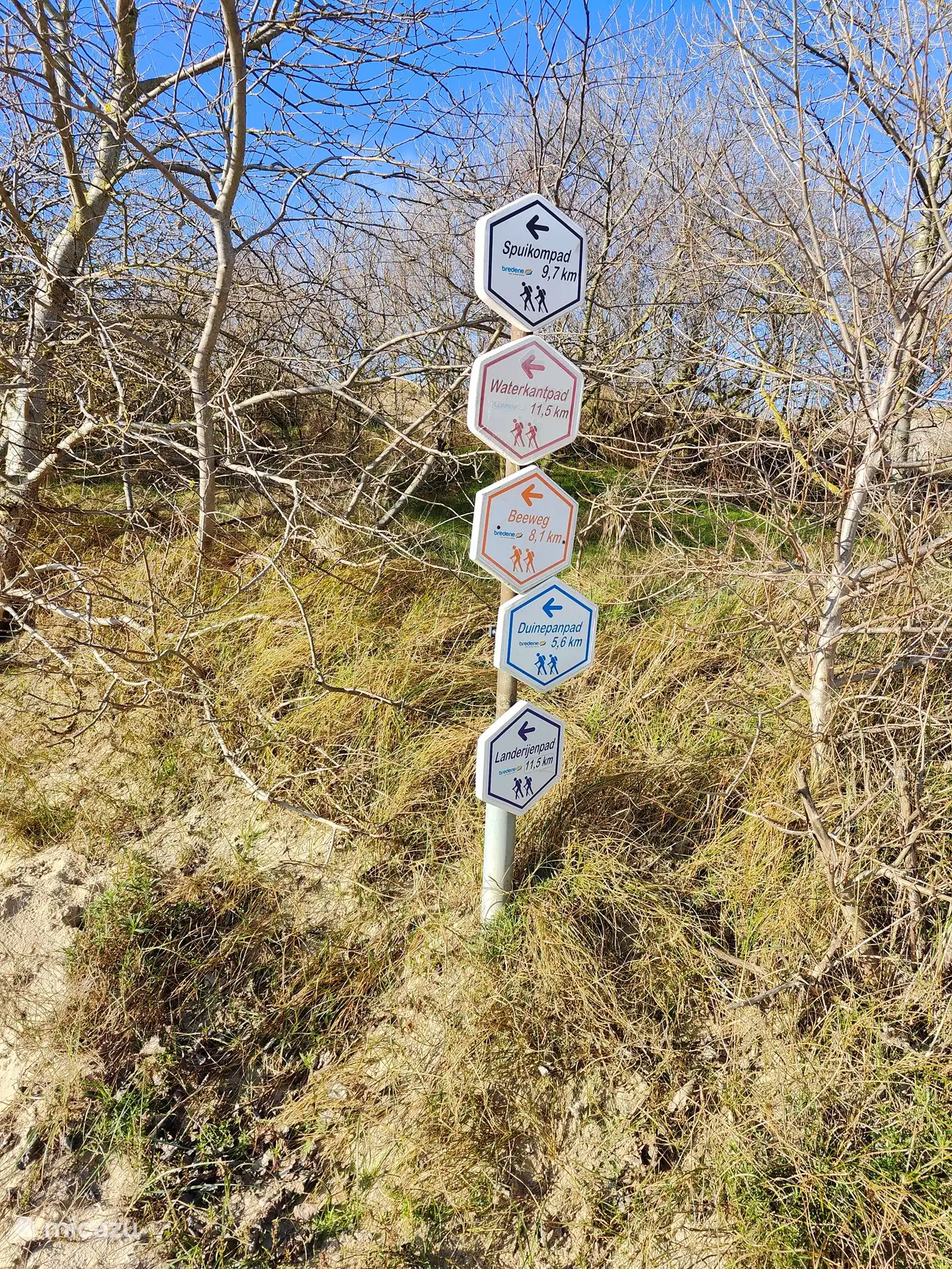 Wandelroutes aangegeven bij het strand