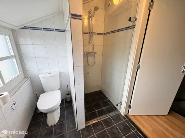 Villa Puur Giethoorn huren in Nederland, Overijssel, Wanneperveen - vakantiehuis De badkamer bevind zich op de 1e verdieping. De inloopdouche is ruim. Naast de inloopdouche bevind zicht een toilet.