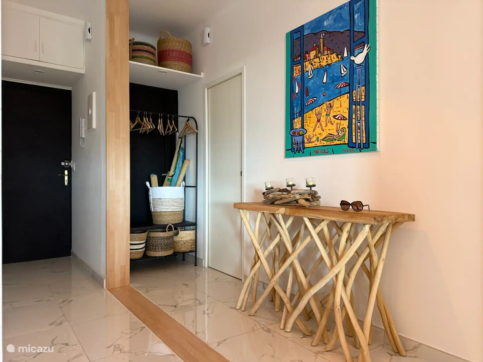 hall with front door on the left in black and on the right the wardrobe