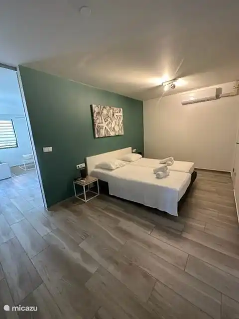 Ruime slaapkamer met boxspring bedden en airconditioning 