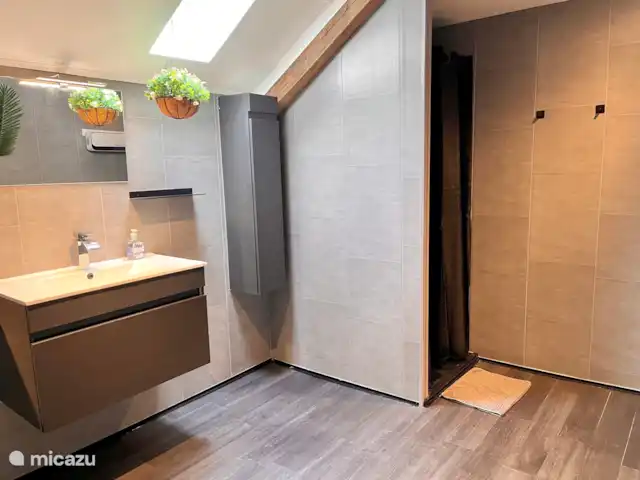 Maison CouCou 2 | France, Dordogne, Jumilhac-le-Grand - gîte / cottage Salle de bain spacieuse au rez-de-chaussée avec douche à l’italienne / pluie, lavabo, sèche-cheveux et armoire à colonnes.