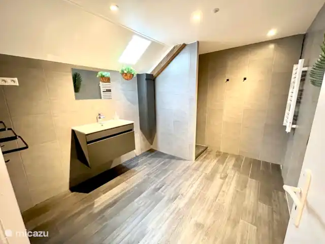 Maison CouCou 2 | France, Dordogne, Jumilhac-le-Grand - gîte / cottage Salle de bain spacieuse au rez-de-chaussée avec douche à l’italienne / pluie, lavabo, sèche-cheveux et armoire à colonnes.