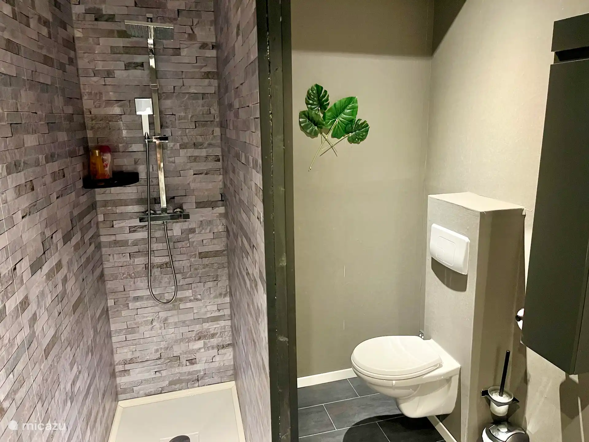 La salle de bain dispose d’une douche à l’italienne, de toilettes, d’un lavabo, d’un sèche-cheveux et d’un placard à colonnes.