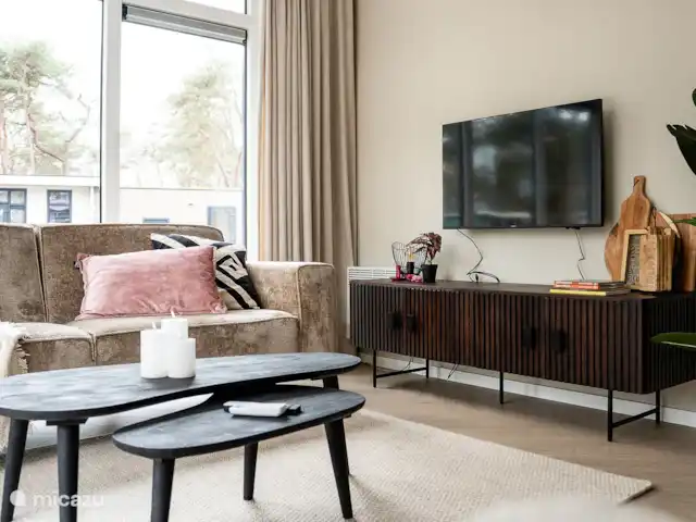 Cabaña forestal Casa Kuin en Países Bajos, Overijssel, Haarle - chalet Sala de estar con varios televisores, varios juegos y libros.