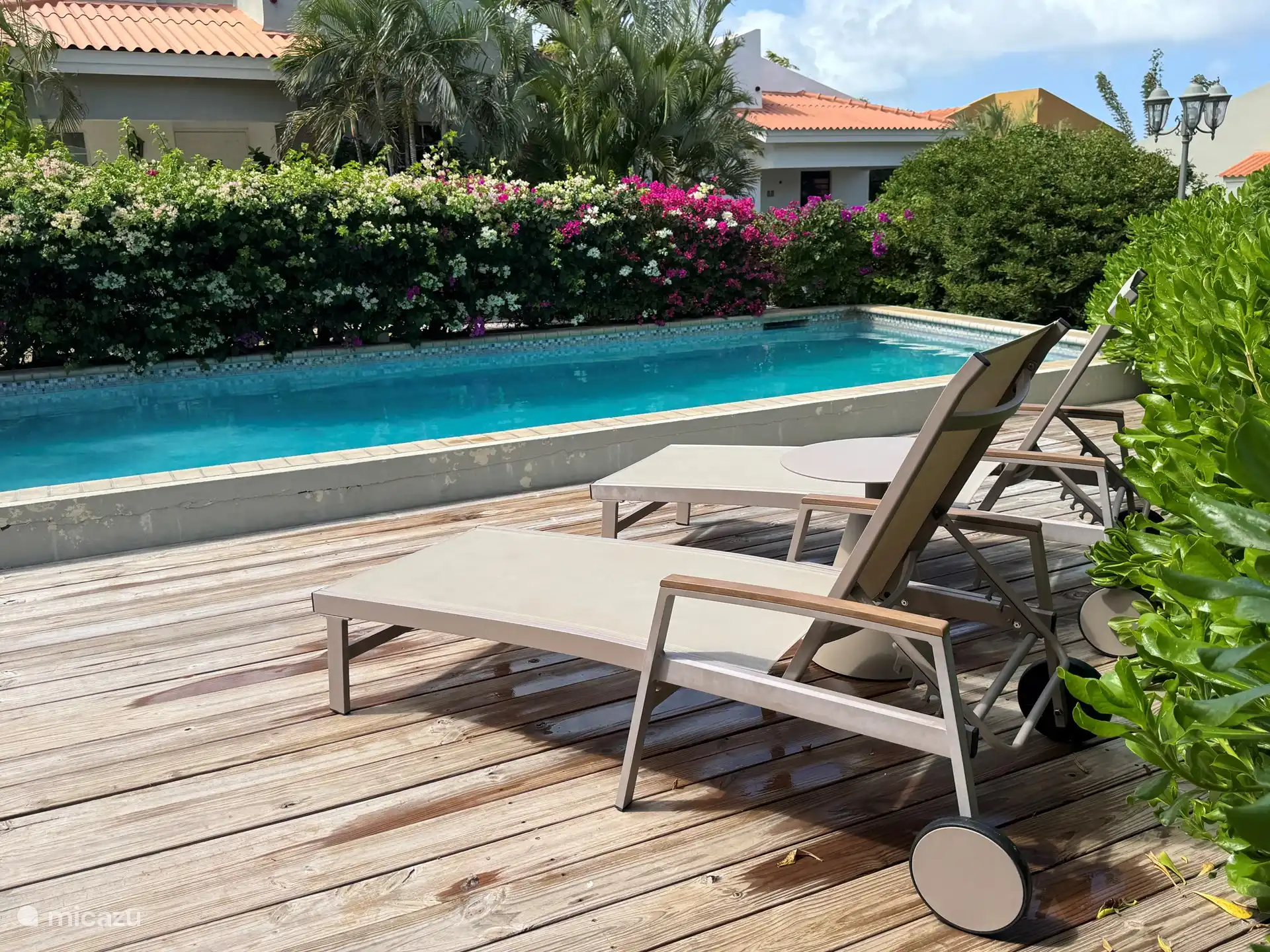 Piscine partagée avec transats.