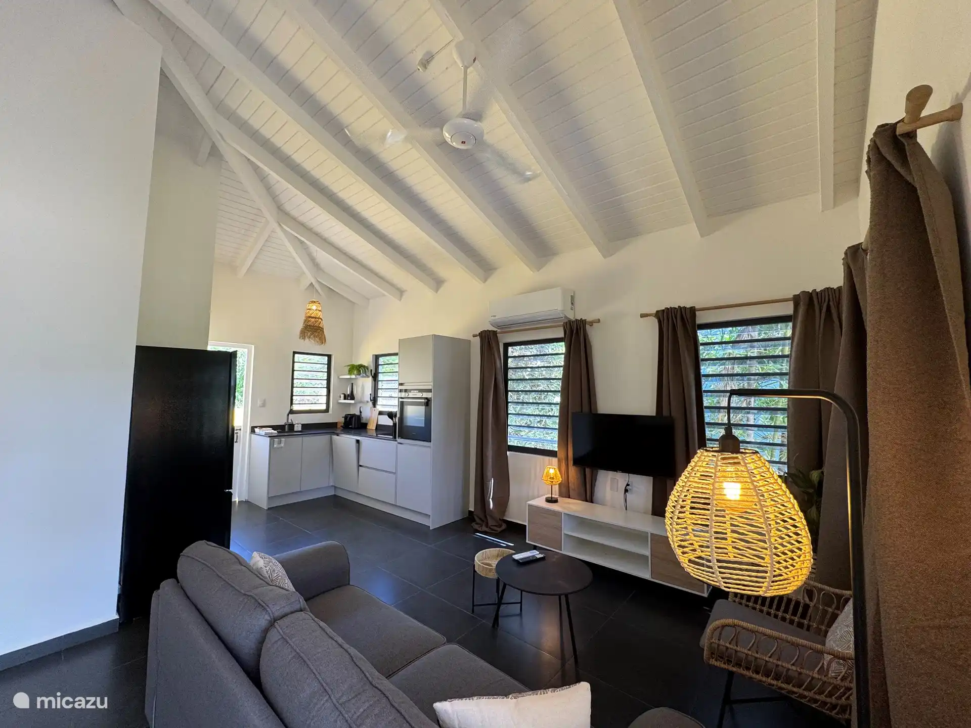 Salon/cuisine confortable avec ventilateur de plafond et climatisation.  