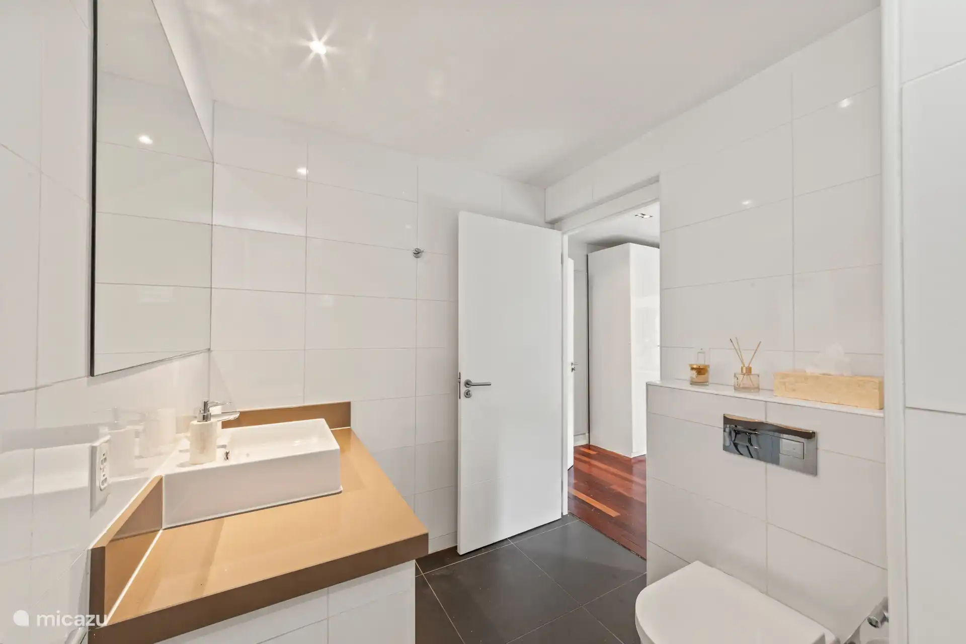 Luxuriöse Badezimmer mit Dusche, WC und Waschbecken.