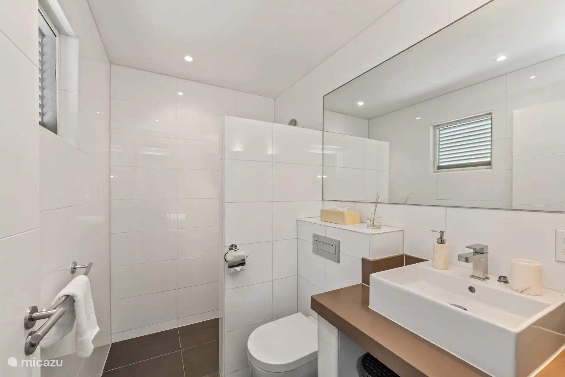 Badezimmer mit Dusche, WC und Waschbecken.