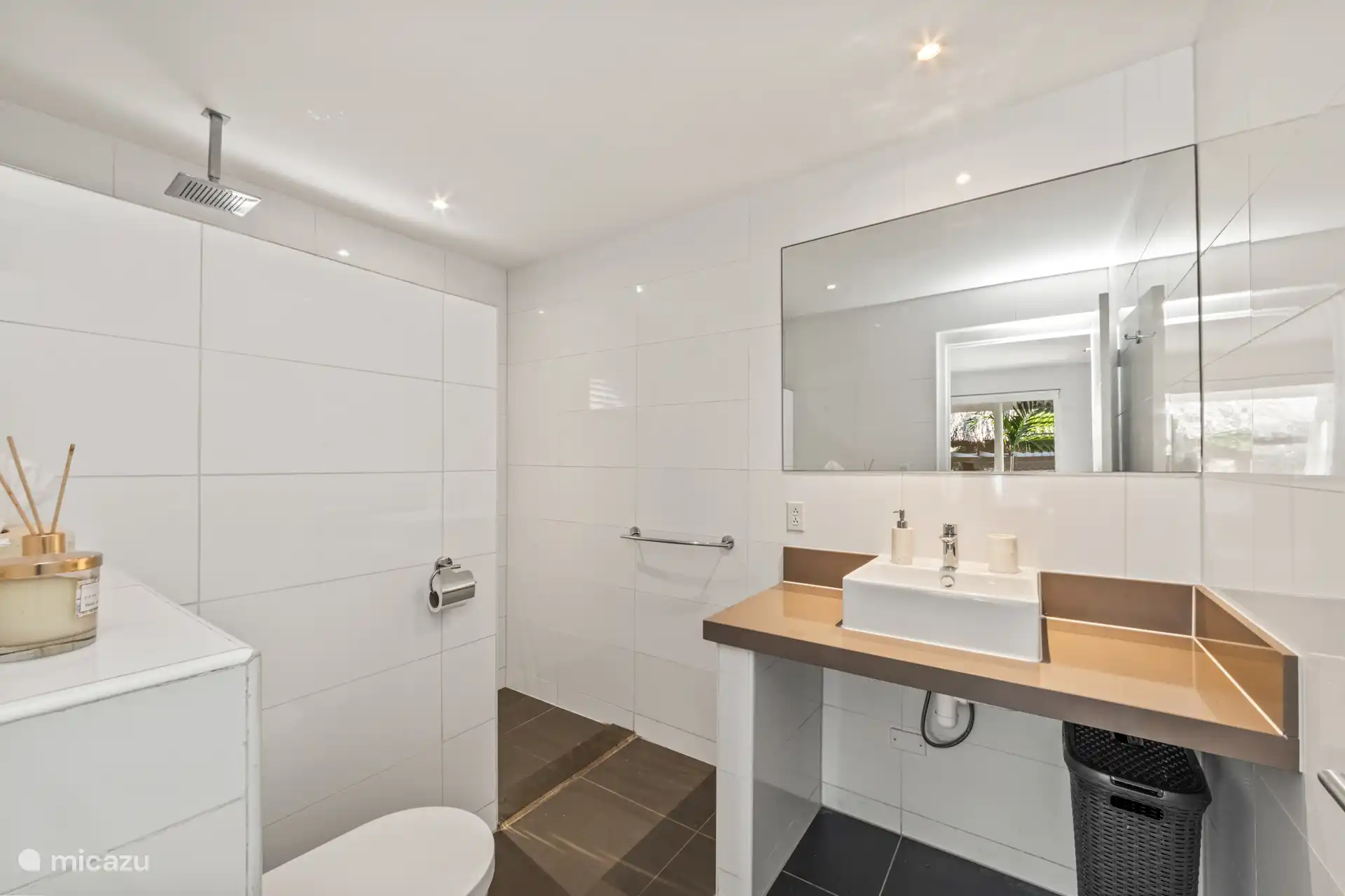 Luxuriöse Badezimmer mit Dusche, WC und Waschbecken.