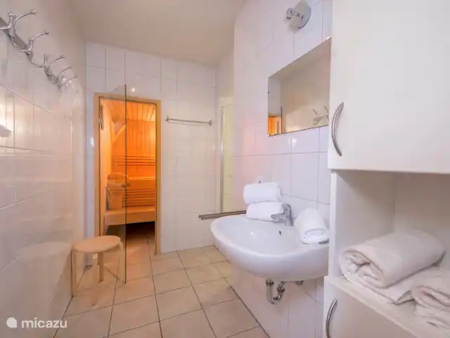 Profitez de Saalbach Top E2 | Autriche, Salzburgerland, Saalbach - appartement Salle de bain 2 avec douche, lavabo et sauna. À côté de cette salle de bain, il y a des toilettes séparées.