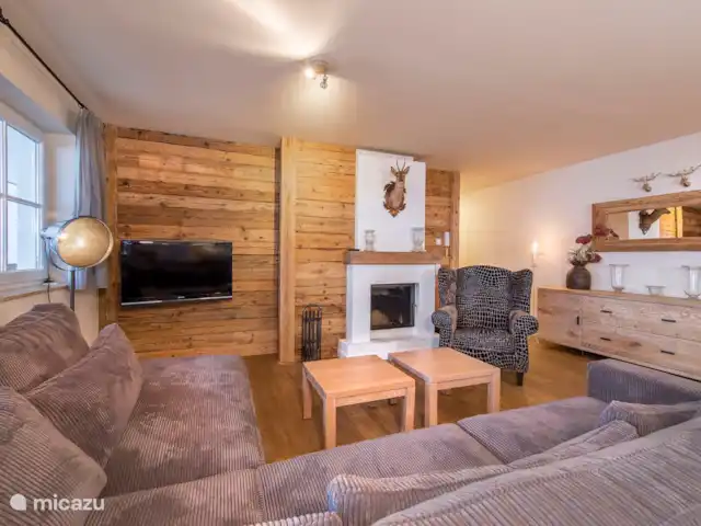 Profitez de Saalbach Top E2 | Autriche, Salzburgerland, Saalbach - appartement Salon avec cheminée et joli canapé.