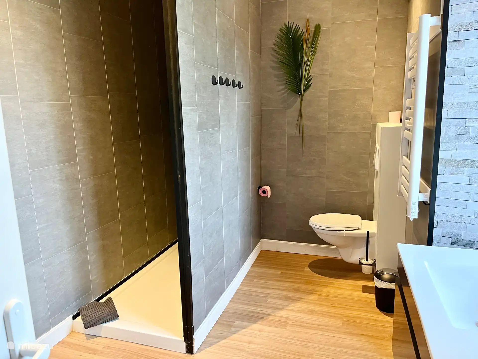 Komplettes Badezimmer mit begehbarer Dusche, WC, Waschbecken und Säulenschrank.