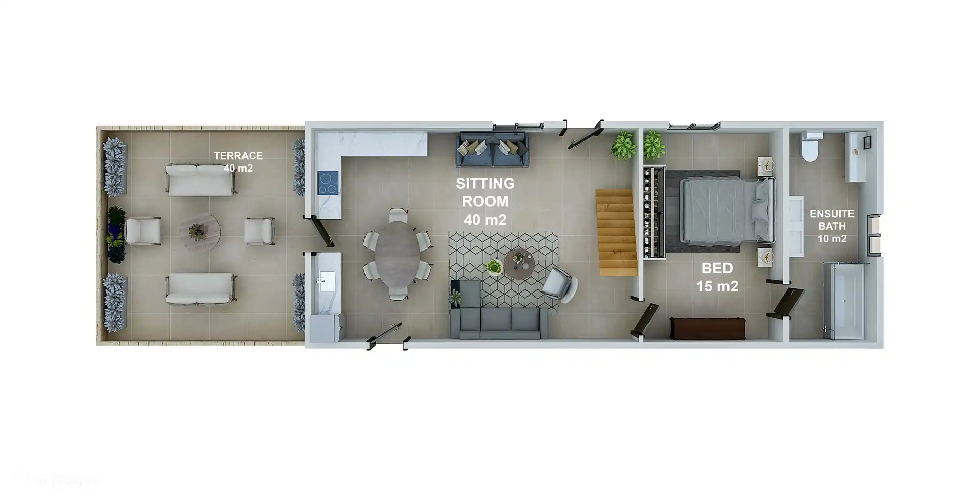 3 Schlafzimmer Gite Erdgeschoss (Wohn/Küche/Hauptschlafzimmer/Terrasse)