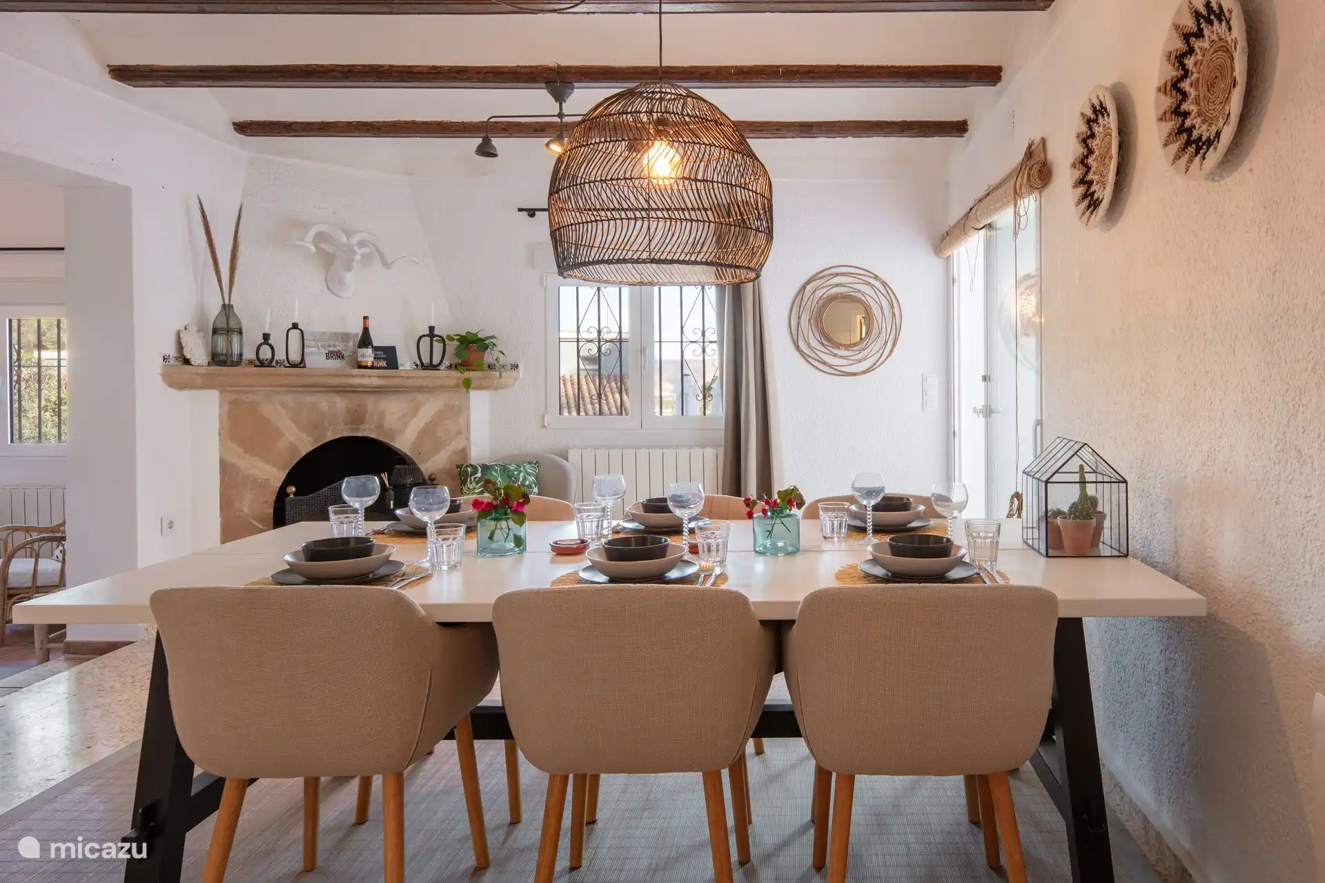 The dining room with fireplace.