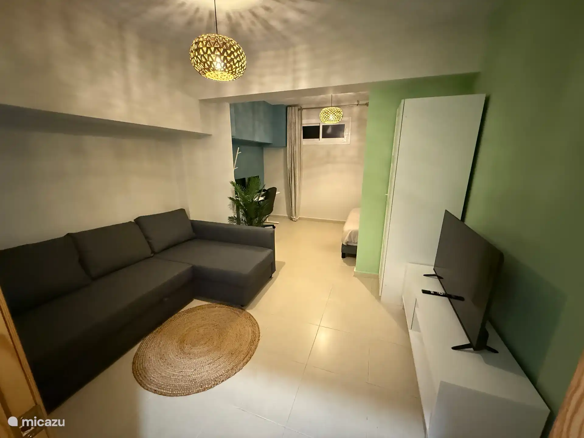 Basement with workplace, smart TV, sofa bed and double bed