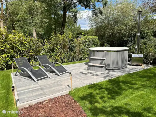 6p. Boshuis *Jacuzzi*De Groene Specht | Pays-Bas, Gueldre, Ewijk - maison de vacances Terrasse avec bain à remous avec deux transats