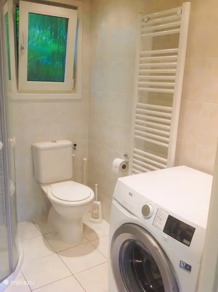 Badezimmer mit Toilette und Waschmaschine