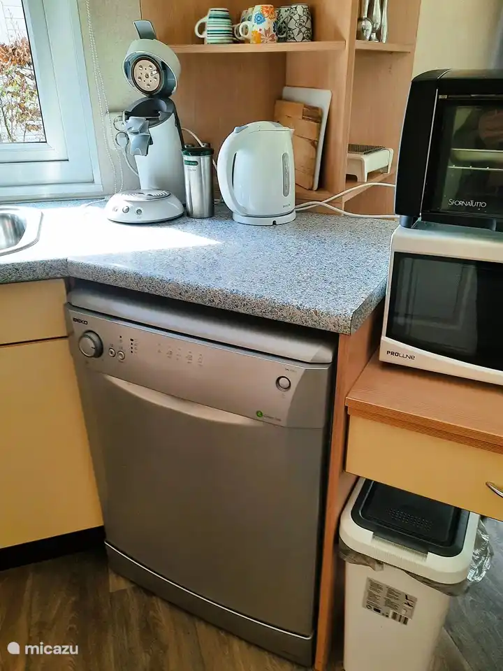 Küche mit Geschirrspüler, Backofen und Mikrowelle