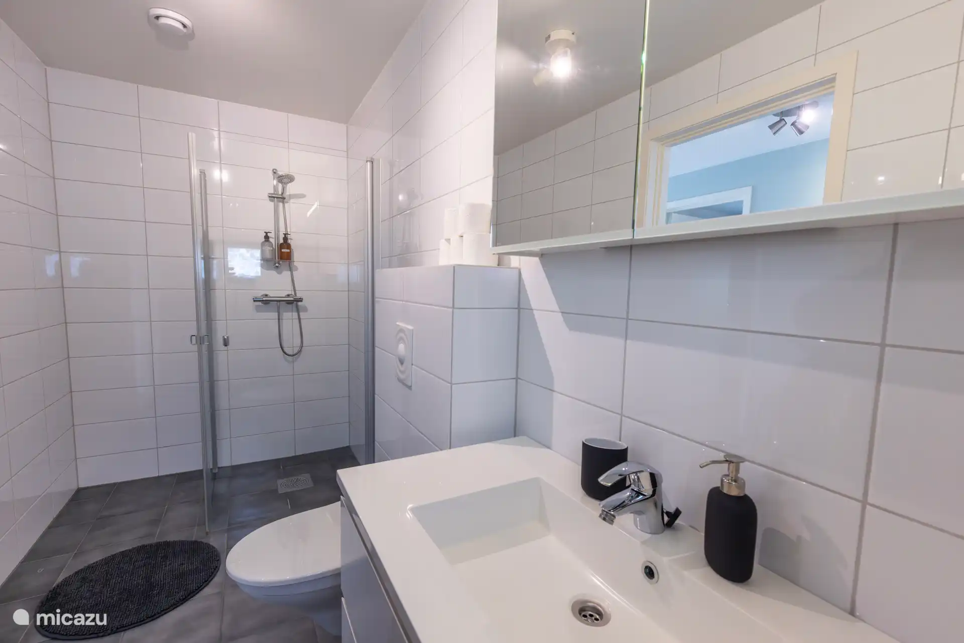 La salle de bain est spacieuse et lumineuse, avec un design moderne et minimaliste. La chambre est équipée d’une douche à l’italienne, d’un lavabo suspendu, d’un lavabo avec armoire miroir et d’un porte-serviettes ouvert.