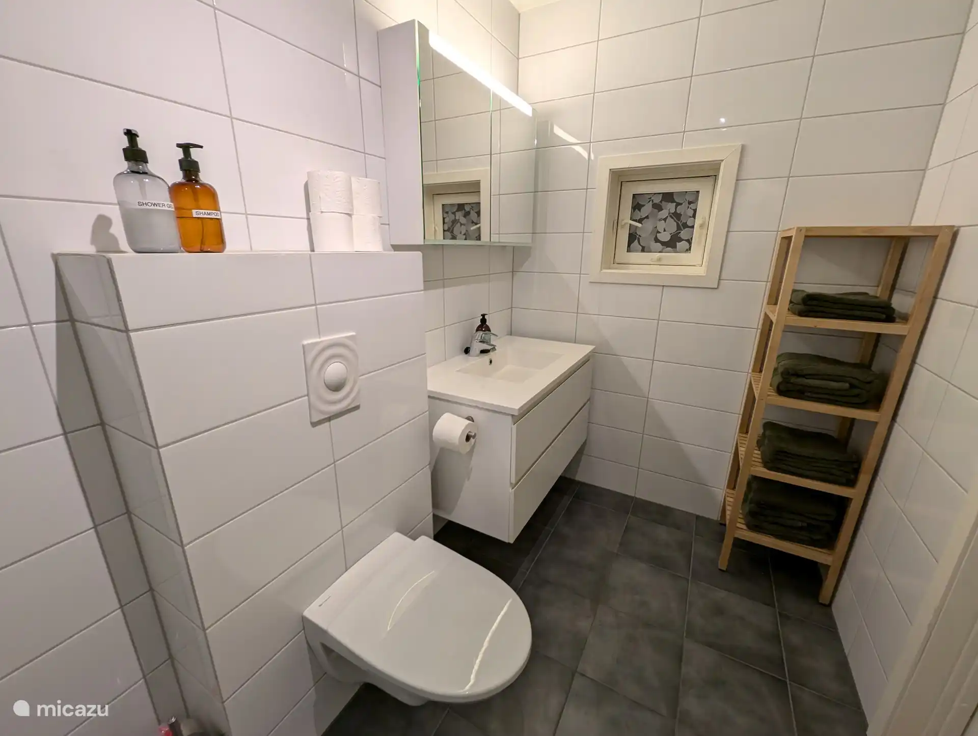 Salle de bain moderne avec WC et douche à l’italienne. Serviettes, gel douche et shampoing inclus.