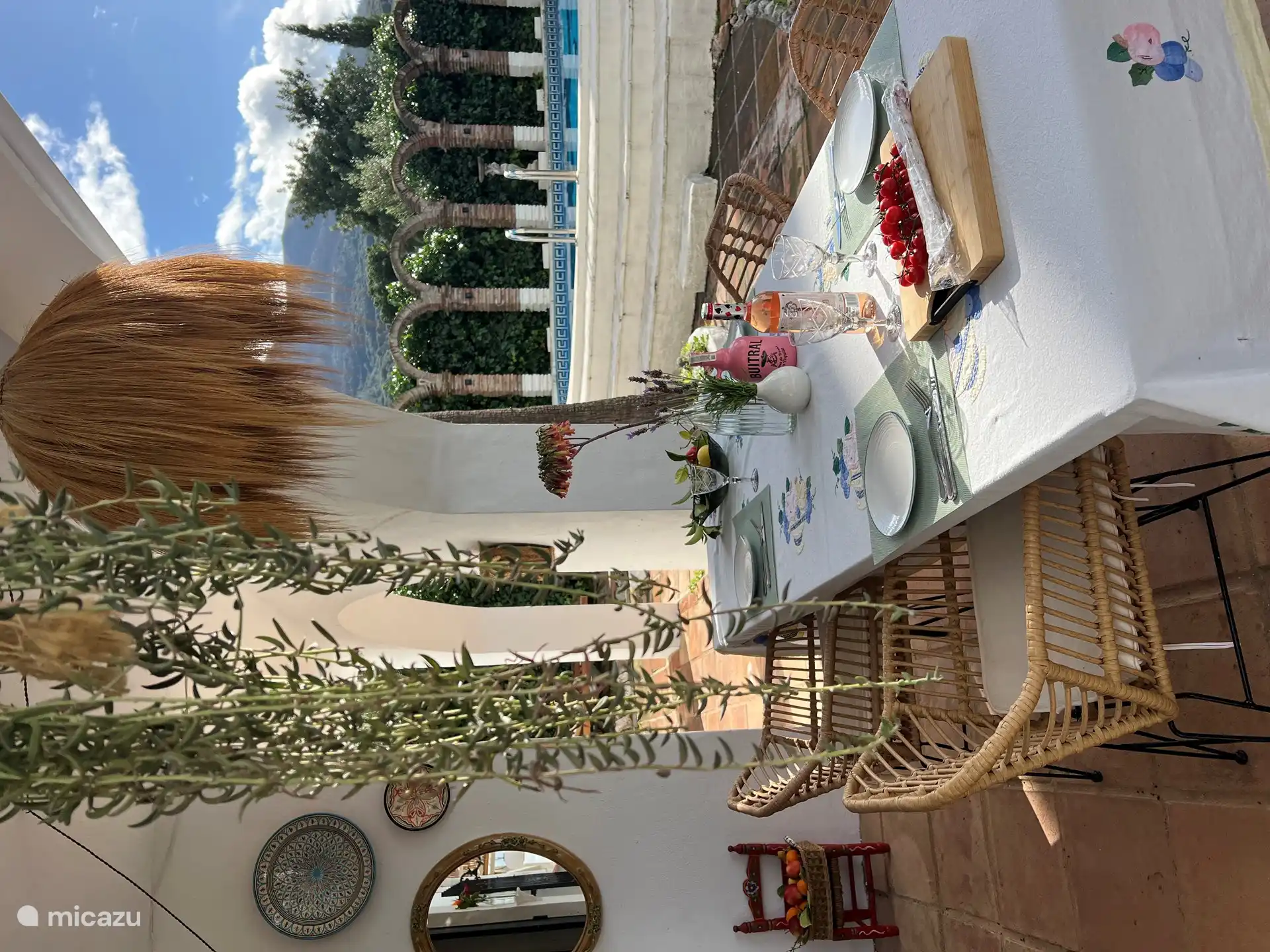 Covered outdoor terrace overlooking the spacious garden and swimming pool