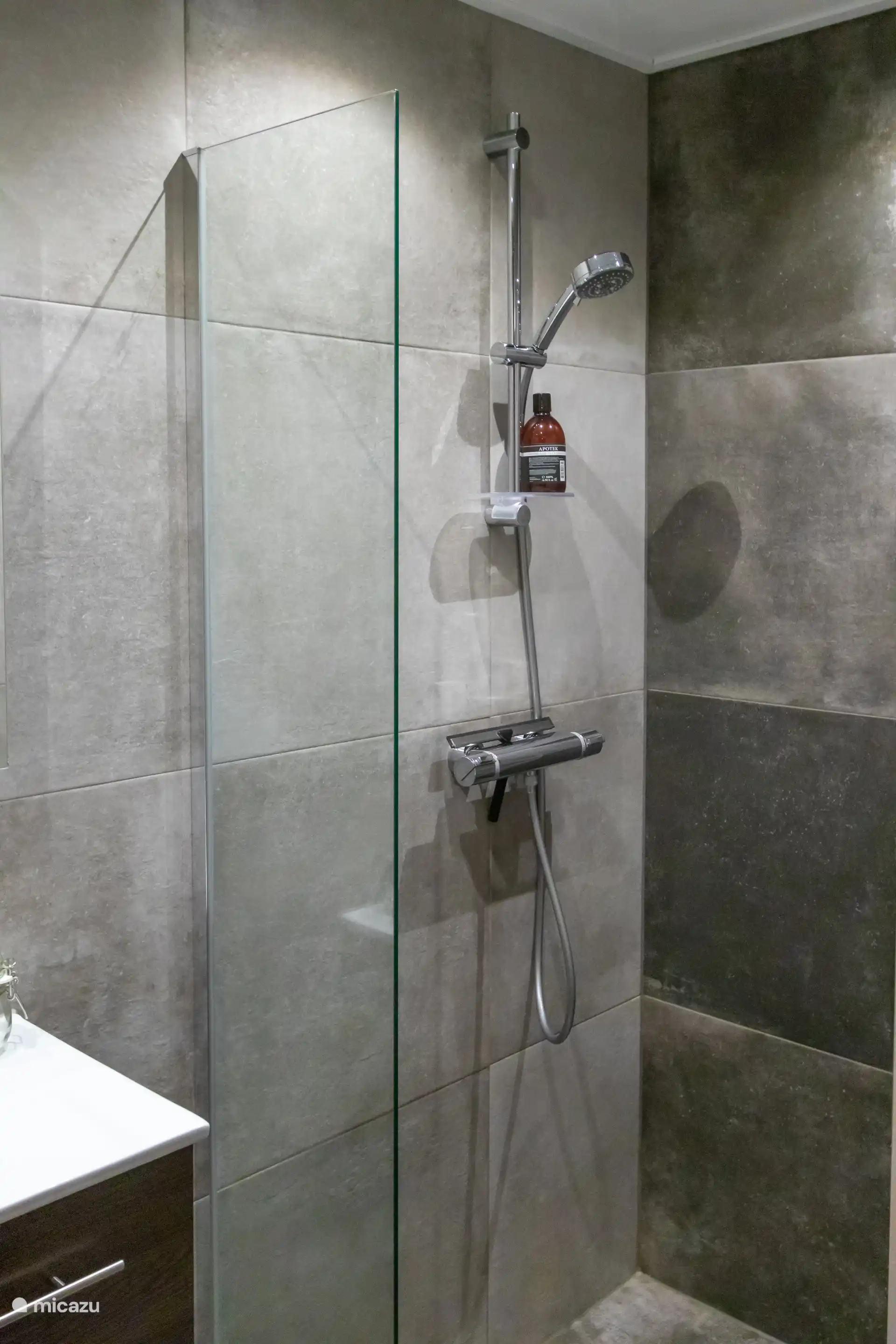 Douche avec meubles de toilette. Les toilettes sont une pièce séparée 