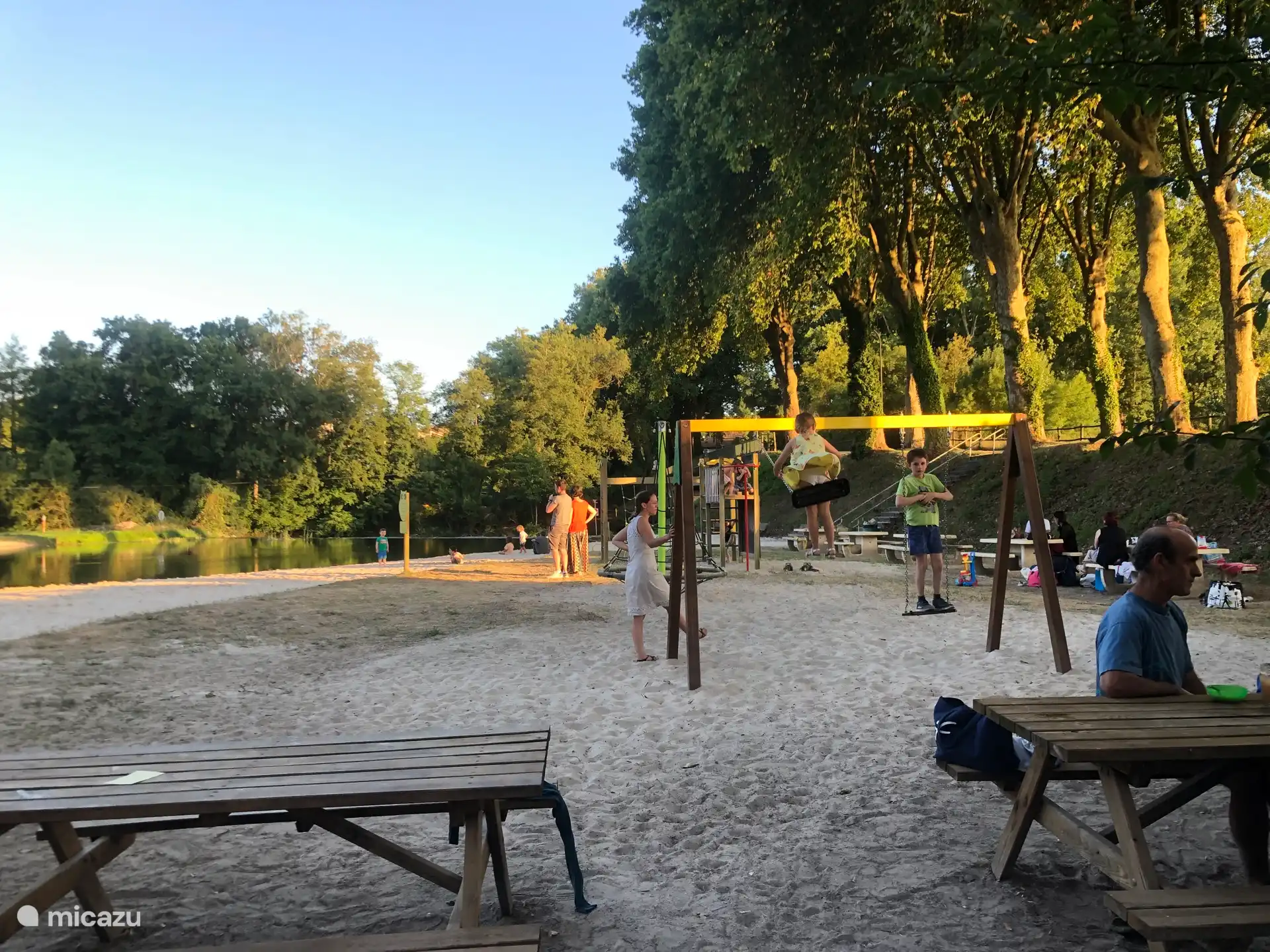 Saint Aulaye river beach and kids play area. There is a life guard, bar/resto and kayaking 