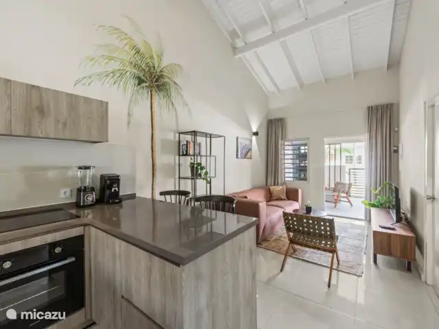 Bunita den Bario Apartments - B | Curaçao, Curaçao-Centre, Willemstad - maison de vacances Salon élégant avec un joli canapé 3 places, une Smart TV et un meuble TV, une étagère avec des livres et des jeux de société.