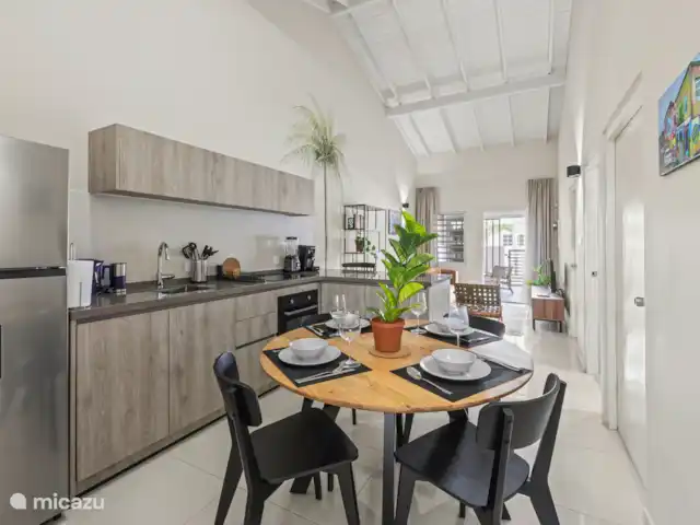 Bunita den Bario Apartments - B | Curaçao, Curaçao-Centre, Willemstad - maison de vacances Cuisine de luxe avec tout le nécessaire : réfrigérateur, plaque à induction, four, lave-vaisselle, cafetière, mixeur, grille-pain, vaisselle, verres, ustensiles de cuisine, casseroles et poêles, produits de nettoyage.