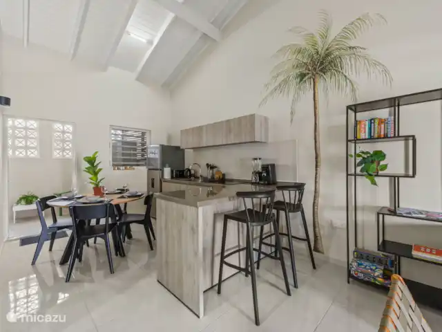 Bunita den Bario Apartments - B | Curaçao, Curaçao-Centre, Willemstad - maison de vacances Cuisine de luxe avec tout le nécessaire : réfrigérateur, plaque à induction, four, lave-vaisselle, cafetière, mixeur, grille-pain, vaisselle, verres, ustensiles de cuisine, casseroles et poêles, produits de nettoyage.