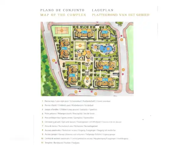 Location de Vacances Espagne, Costa Blanca, Guardamar del Segura, appartement - Appartement abordable Marjal Beach Plan du complexe avec toutes les installations : piscine (intérieure et extérieure), sauna, padel, pétanque, aire de jeux pour enfants