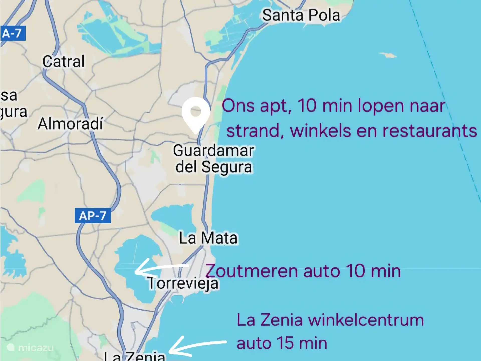 Ideale Lage. Geschäfte und der breite Strand sind zu Fuß erreichbar.
Der Flughafen Alicante ist 30 Minuten entfernt
Torrevieja und die Salzseen 10 Minuten
Sie können in La Zenia einkaufen (15 min).