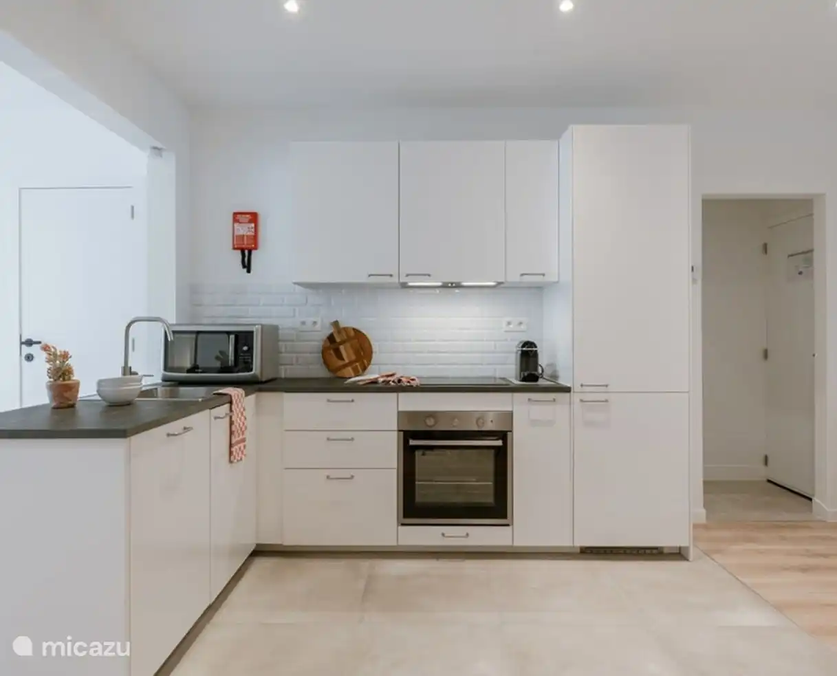 Cocina totalmente equipada con nevera, horno, lavavajillas, microondas, placa de inducción, cafetera y otros