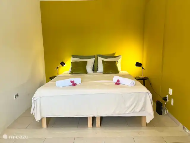 Kas Riba Seru en Curazao, Banda Arriba (este), Hoenderberg - villa Habitación amarilla: incluye una cama doble, aire acondicionado y armario, lo que ofrece una estadía alegre y relajante.