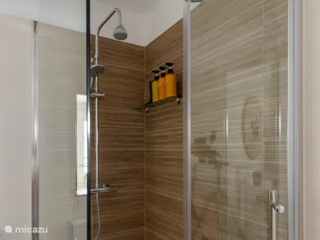 Victoria Seis - Appartement La Luz | Espagne, Andalousie, Medina Sidonia - appartement Salle de bain spacieuse et moderne avec douche à l’italienne, toilettes, lavabo, miroir, chauffage des serviettes et articles de toilette.