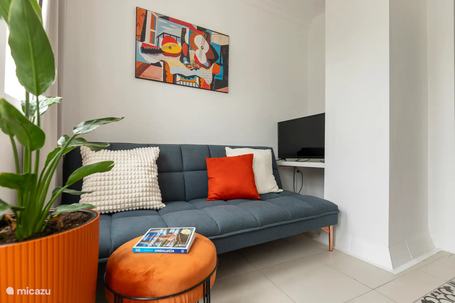 Petit salon avec une télévision, un fauteuil confortable et un canapé-lit pouvant accueillir 1 enfant (le canapé mesure 1,70 m de long)