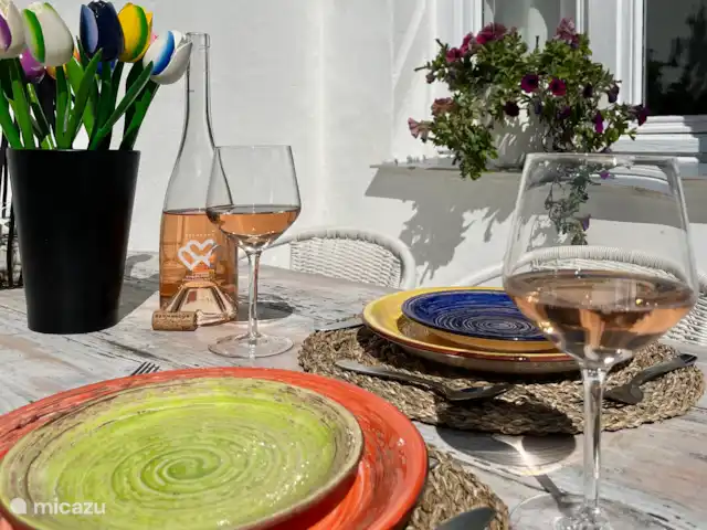 Victoria Seis - Appartement La Luz | Espagne, Andalousie, Medina Sidonia - appartement Terrasse privée avec table avec 4 chaises, chaise confortable, parasol, plantes et corde à linge.