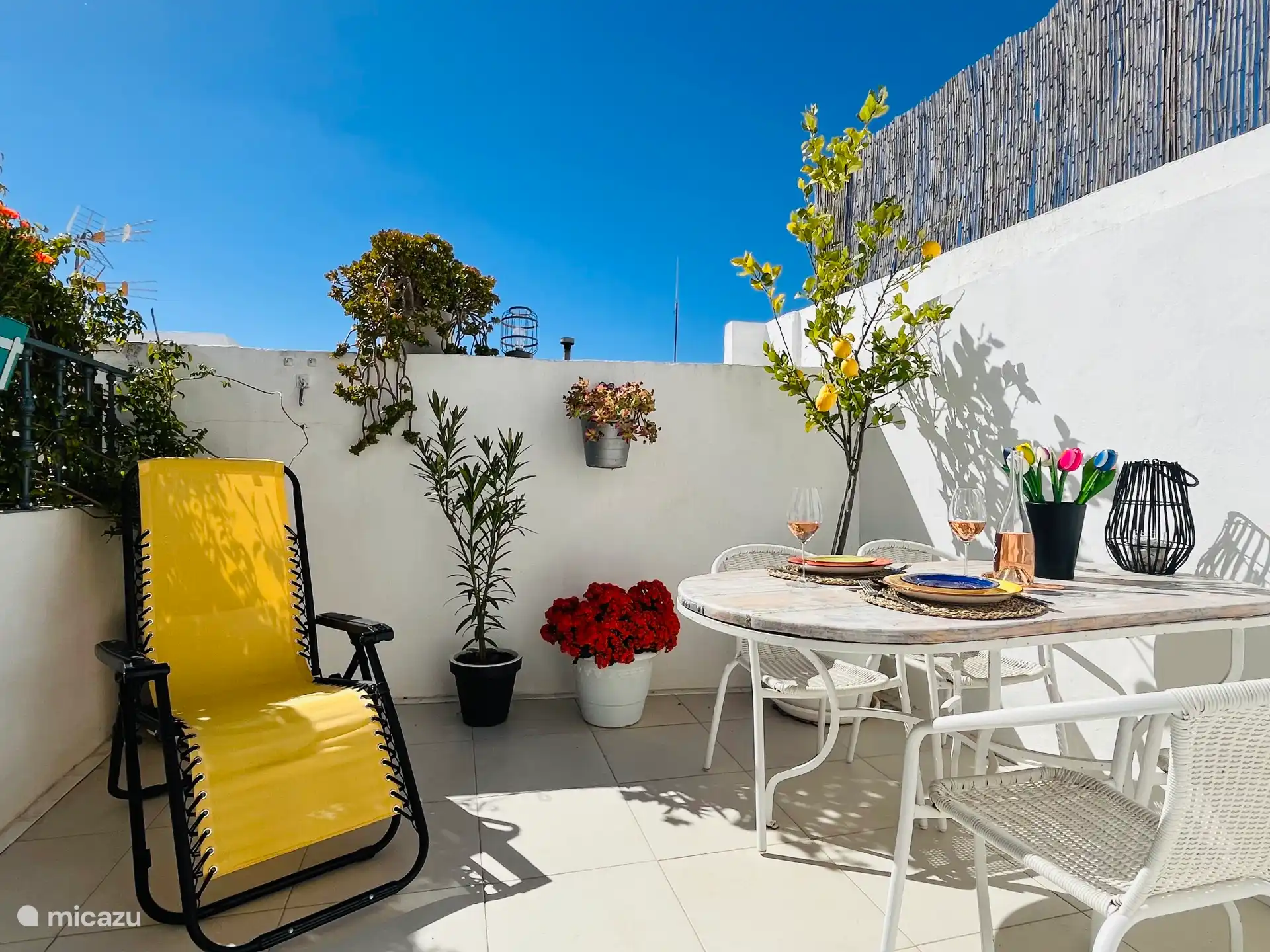 Terrasse privée avec table avec 4 chaises, chaise confortable, parasol, plantes et corde à linge. 
