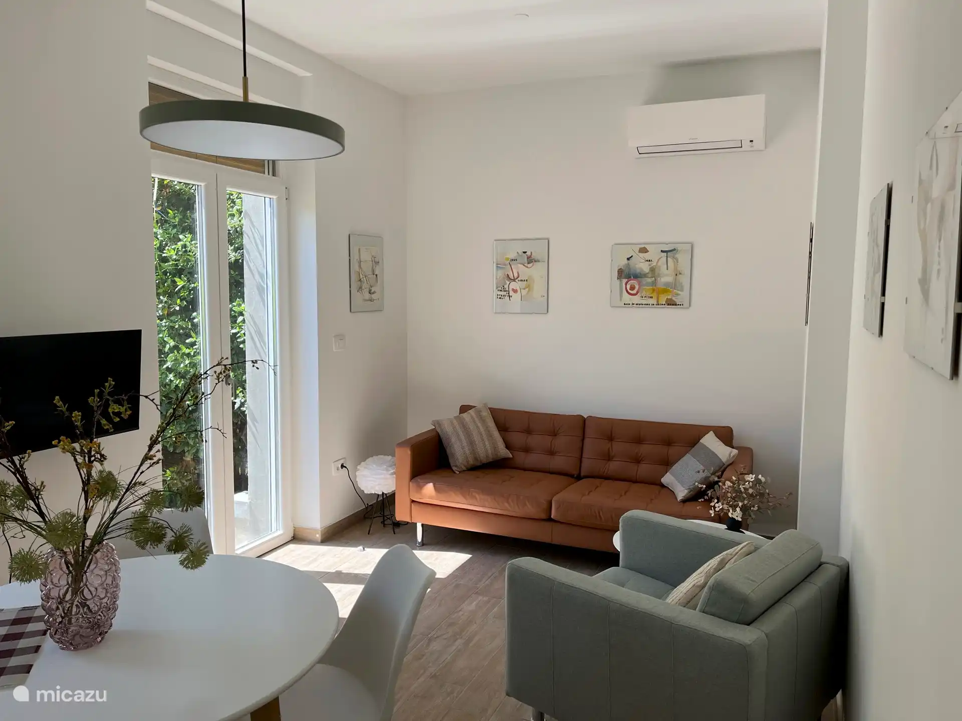 Salon avec portes-fenêtres et télévision par Internet