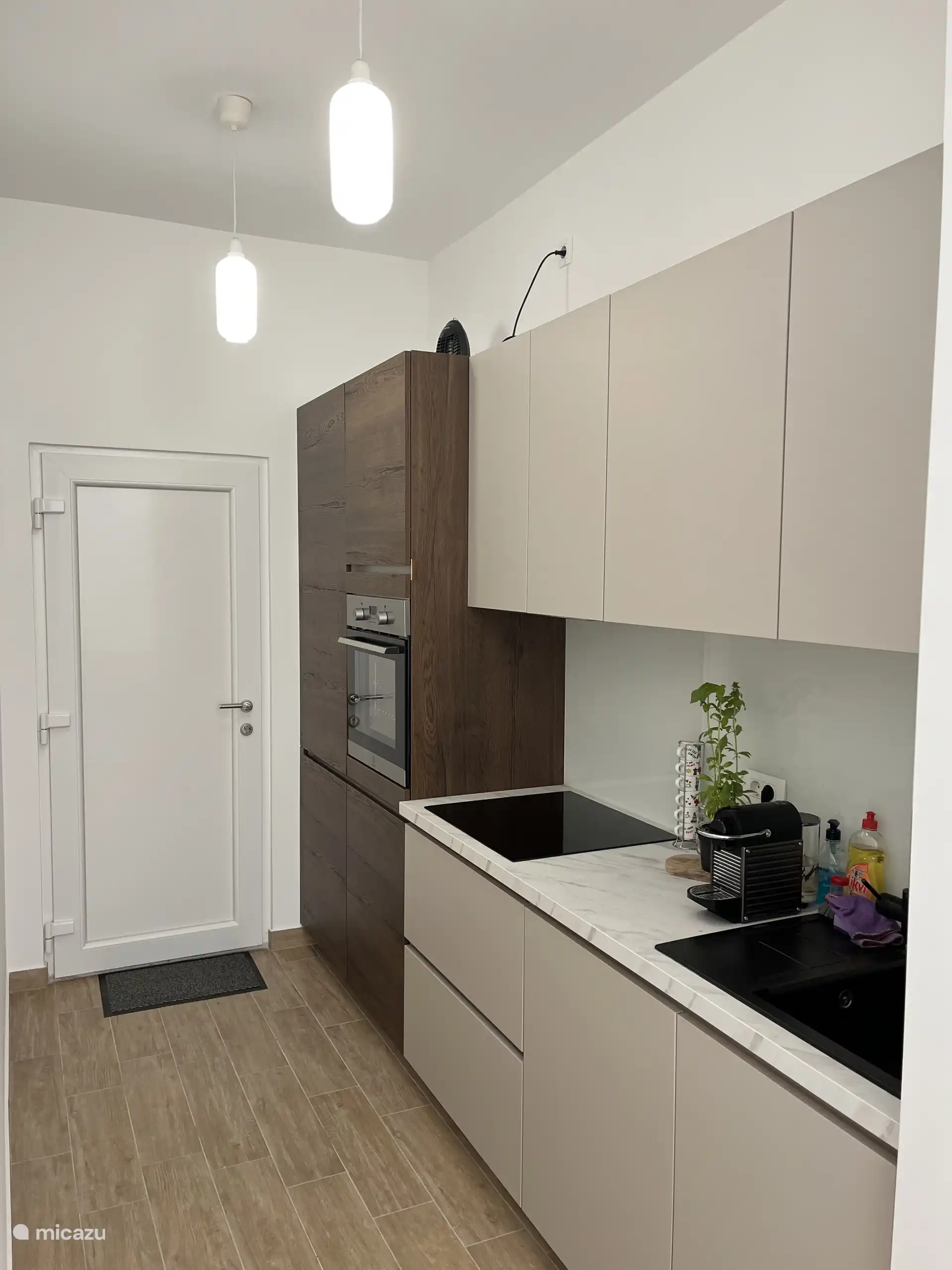 Cuisine moderne avec réfrigérateur-congélateur, plaque à induction, four, lave-vaisselle et machine Nespresso