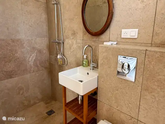 Las cigarras de St-Quentin-la-Poterie en Francia, Gard, Saint-Quentin-la-Poterie - casa vacacional Cuarto de baño con ducha desde el dormitorio 1
Lavabo, inodoro y ducha