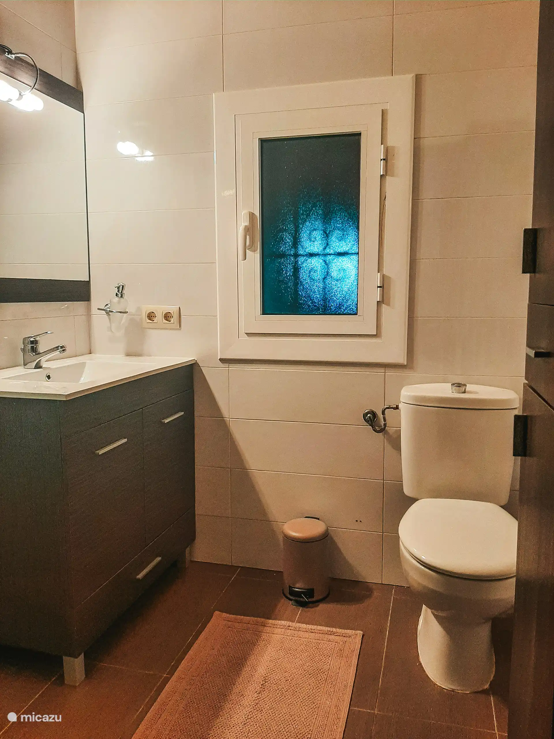 Das Badezimmer mit Dusche, Waschbecken und WC