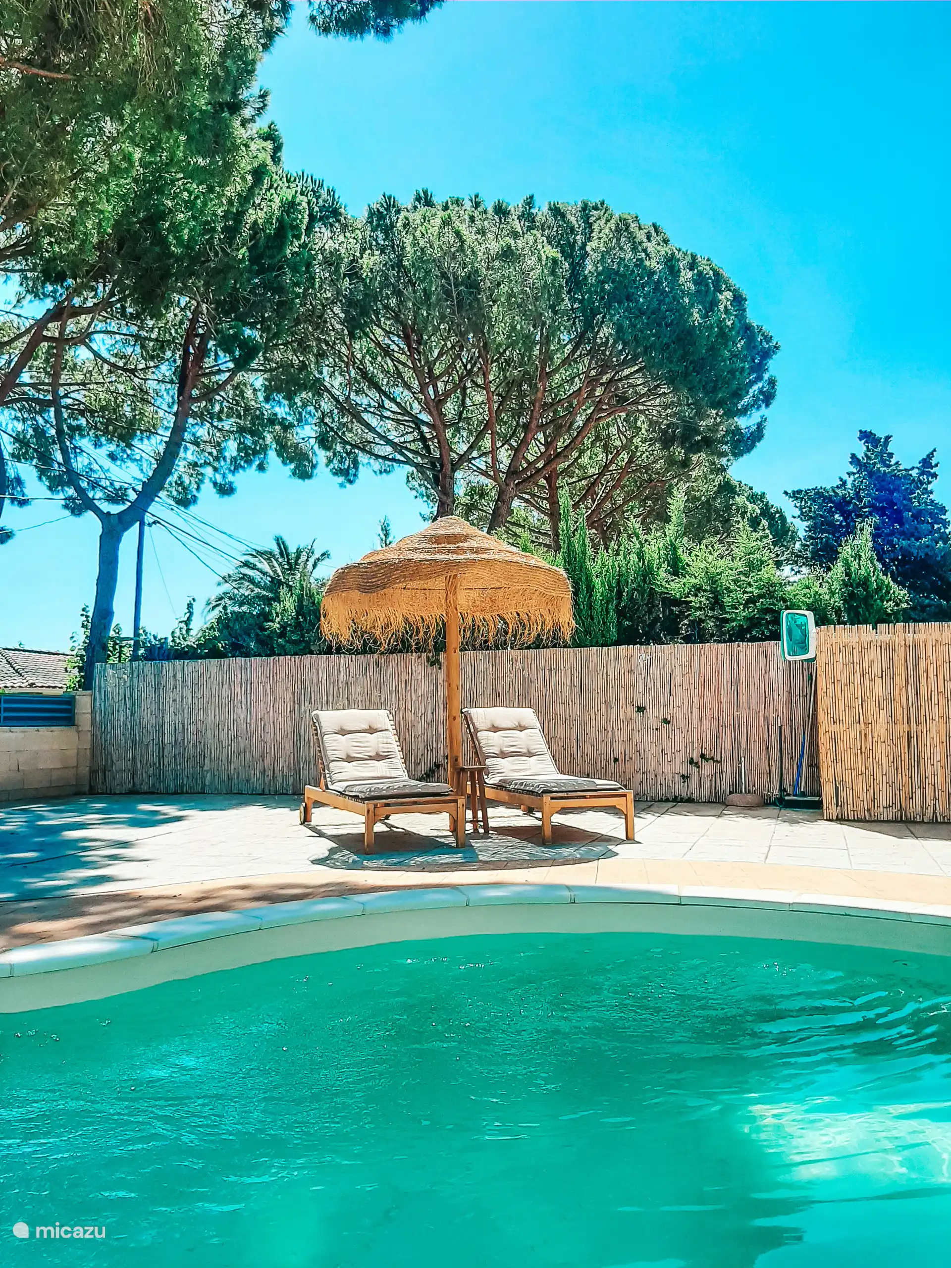 Im Garten gibt es zwei Sonnenschirme und vier Sonnenbestände