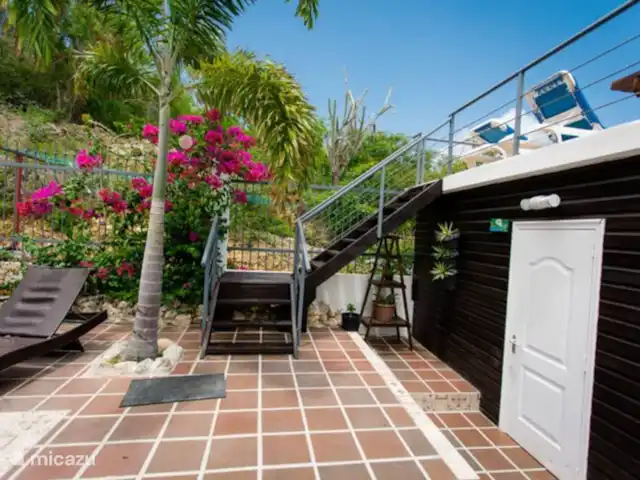 Studio Nature au bord de la piscine – Westpunt Es | Curaçao, Banda Abou (ouest), Westpunt - appartement Un charmant escalier mène à la terrasse ensoleillée sur le toit au-dessus du complexe de studios. Des palmiers, des bougainvilliers en fleurs et un lit de salon créent une atmosphère détendue et naturelle.