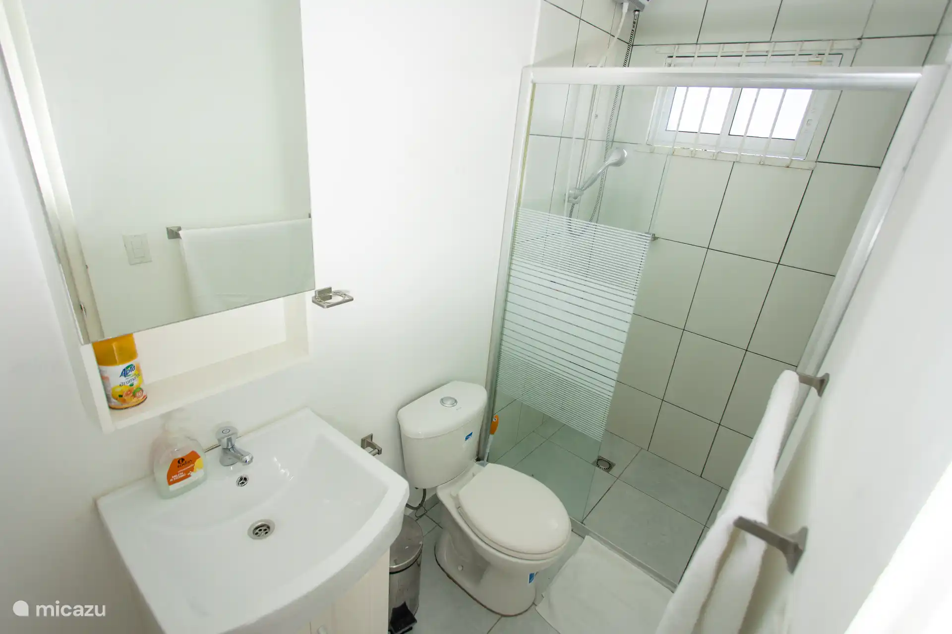 Helles, sauberes Badezimmer mit modern gefliester Dusche, WC und Waschbecken mit Spiegel.